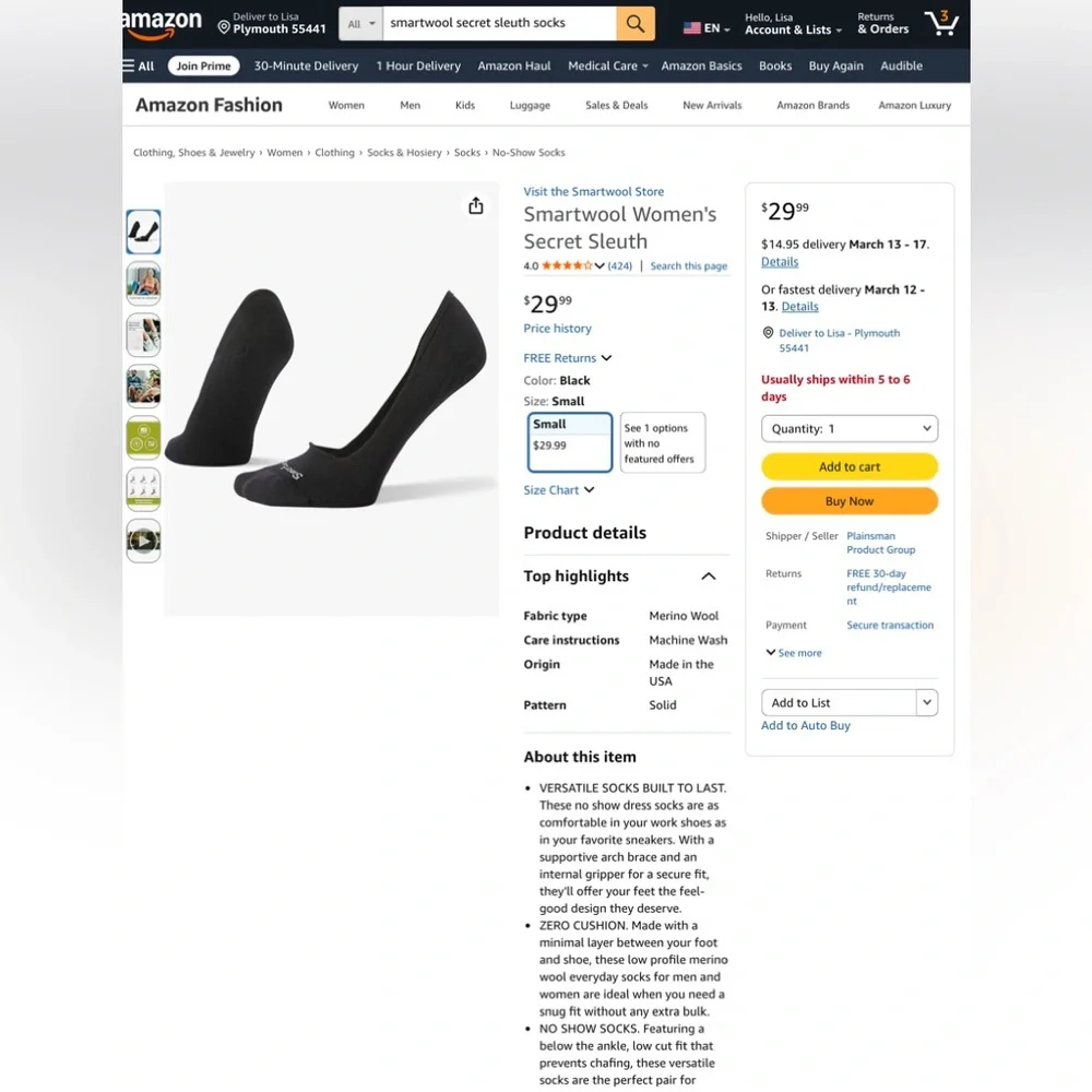 2 Pairs of NWT Smartwool Everyday No Show Socks Black Merino Wool Blend Medium